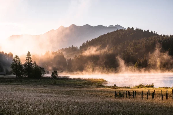 Foggy Sunrise Geroldsee Also Wagenbruchsee Bavaria Germany Europe High Quality — Stock Photo, Image