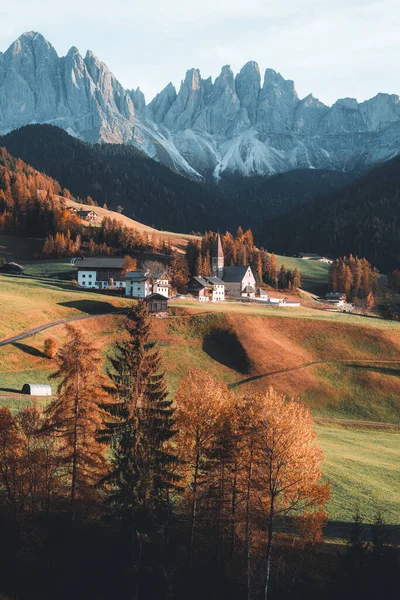 Beautiful Landscape Shot Church Santa Maddalena Magdalena Dolomites Italy High — Stock Photo, Image