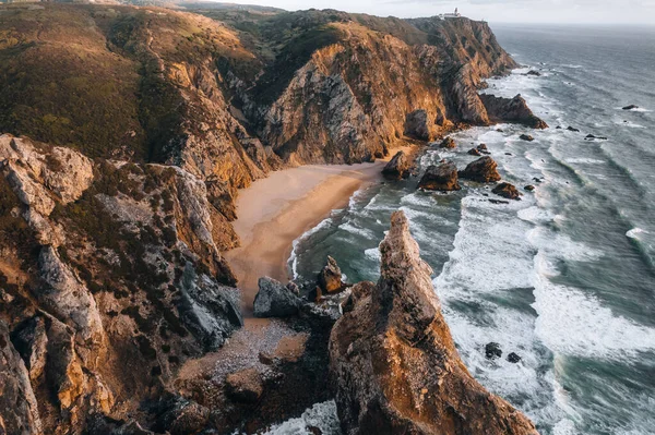 Fotografie Leteckého Dronu Praia Ursa Portugalsku Během Západu Slunce Vysoce — Stock fotografie