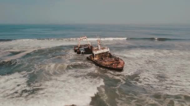 Drone Aéreo Vista Zeila Naufrágio Oceano Costa Esqueleto Namíbia África — Vídeo de Stock