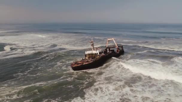 Aerial Drone View Zeila Shipwreck Ocean Skeleton Coast Namibia Africa — Stock video