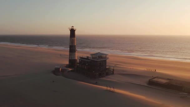 Aerial Sunset Drone View Lighthouse Pelican Point Walvis Bay Namibie — Stock video