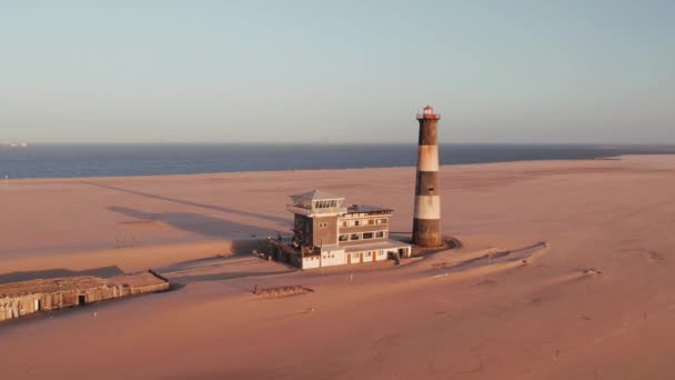 Aerial Sunset Drone View Lighthouse Pelican Point Walvis Bay Namibie — Stock video