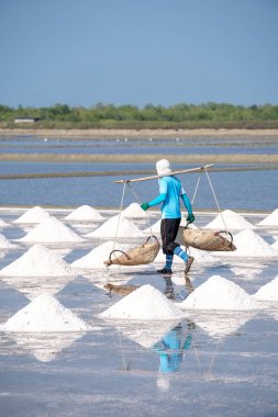 Phetchaburi, Tayland ve Asya 'daki tuz düzlüklerinde çalışan yerliler. Yüksek kalite fotoğraf