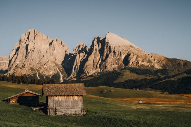 Gün batımında Alpe di Siusi 'nin çarpıcı manzarası, Dolomitler, İtalya. Yüksek kalite fotoğraf