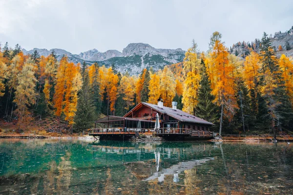 Árvores Outono Vista Lago Lago Ghedina Dolomitas Sul Tirol Itália — Fotografia de Stock
