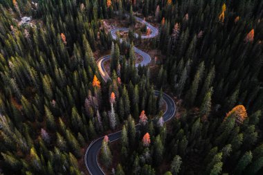 Passo Giau Cortina d Ampezzo Dolomites İtalya 'daki Yılan Yolu' nun Hava Fotoğrafı. Yüksek kalite fotoğraf