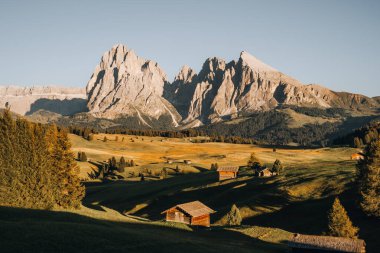 Gün batımında Alpe di Siusi 'nin çarpıcı manzarası, Dolomitler, İtalya. Yüksek kalite fotoğraf