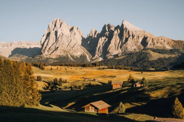 Gün batımında Alpe di Siusi 'nin çarpıcı manzarası, Dolomitler, İtalya. Yüksek kalite fotoğraf