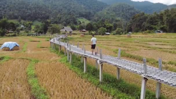 Aerial View Person Walking Bamboo Bridge Pai Thailand Chiang Mai — Stock Video