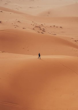 Sahra Çölü Merzouga, Fas 'ta dolaşan tesadüfi bir adam. Yüksek kalite fotoğraf