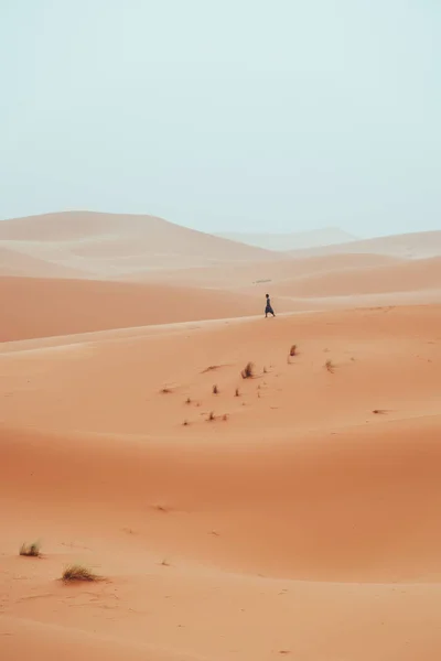 Hombre Casual Vagando Por Desierto Del Sahara Merzouga Marruecos Foto —  Fotos de Stock