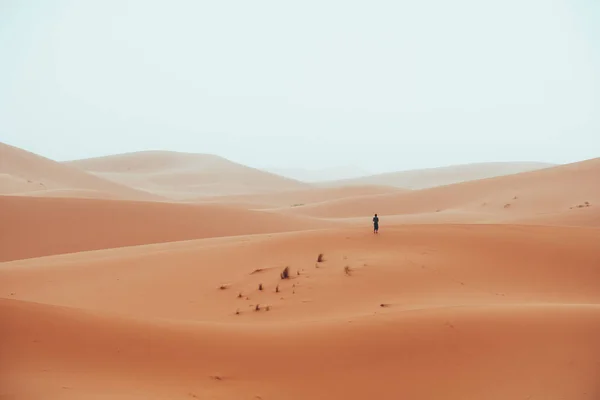 Hombre Casual Vagando Por Desierto Del Sahara Merzouga Marruecos Foto — Foto de Stock