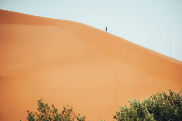 Άνθρωποι Σκαρφαλώνουν Θίνες Erg Chebbi Στην Έρημο Σαχάρα Merzouga Μαρόκο — Φωτογραφία Αρχείου