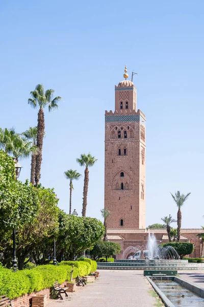 Koutoubia Mecset Marrakech Marokkó Egy Napsütéses Napon Kiváló Minőségű Fénykép — Stock Fotó