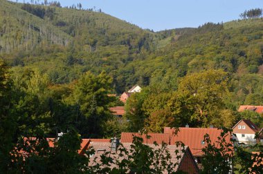 Sonbaharda Harz Dağları, Saksonya 'da İlsenburg Kasabası Panoraması