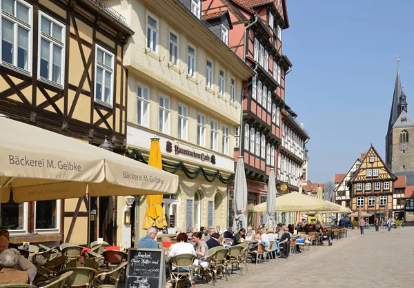 Straßenszene Der Altstadt Von Quedlinburg Harz Sachsen Anhalt — Stockfoto