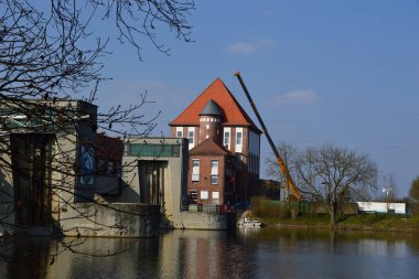 Dam at the River Weser in the Village Doerverden, Lower Saxony clipart