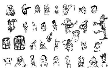 Bir dizi farklı çizgi film karakteri. vektör illüstrasyonu