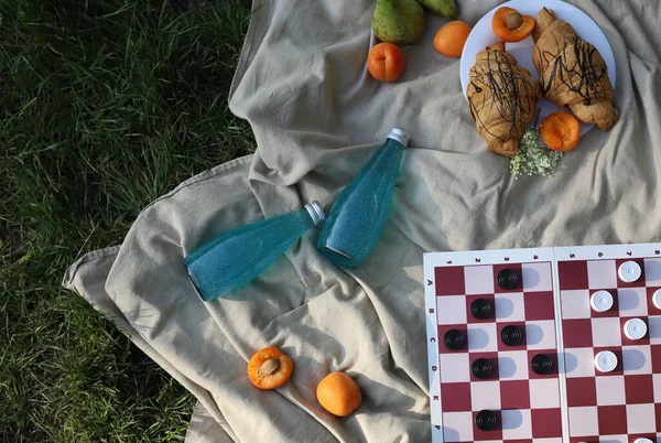 board logic game for family and friends picnic checkers, the game is placed on a picnic blanket in nature on a sunny summer day and with croissants, apricot slices and drinks. for screensavers, postcards, advertising