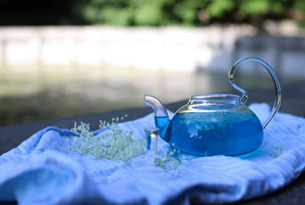 Anchan blue tea in a transparent teapot at a summer picnic in the park, next to the teapot, fruits, apricots and artichokes. and a man\'s hand pours tea from a teapot into a transparent bowl