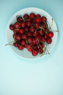 Mavi bir arka planda mavi bir kasede kırmızı-bordo renkli taze kirazlar. Broşürler, etiketler, sıçrama ekranları ve daha fazlası için