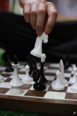 Aile ve arkadaşlar için mantık stratejisi satrancı. Fotoğrafta adam yeşil çimlerde oturuyor, çalışıyor ve satranç oynuyor.