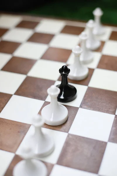 Bílé Černé Šachové Figurky Stojí Šachovnici Zeleném Umělém Trávníku — Stock fotografie