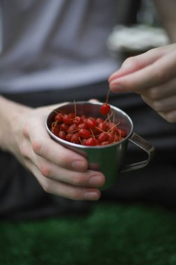 Sağlıklı, lezzetli, egzotik gumi meyveleri bir insanın avuçlarında ve yeşil bir arka planda teneke bir bardakta.