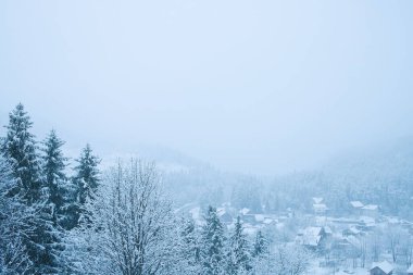 Kış dağı manzarası. Karda bir sürü Noel ağacı ve bunların arasında köy evleri.