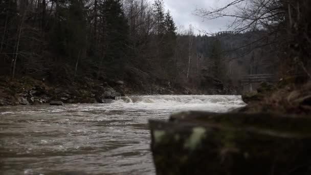 Río Montaña Tormentoso Rápido Ambos Lados Hay Una Orilla Rocosa — Vídeos de Stock