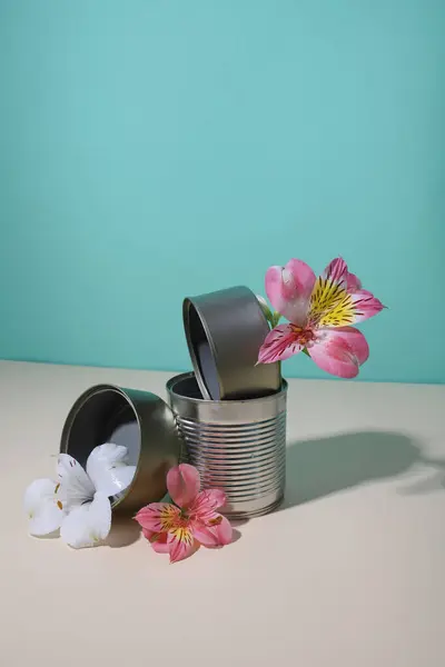 çeşitli çöpler ve aralarında pembe bir çiçek. Gezegenle ilgilenin.