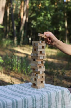 Doğadaki aile ve arkadaşlar için stratejik Jenga oyunu