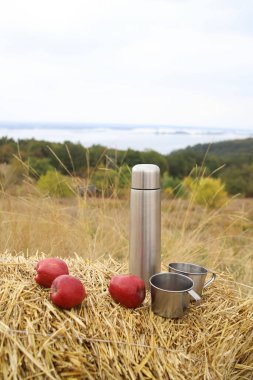 Sonbahar pikniği. Samanlıkta termos, teneke kupalar ve kırmızı elmalar var.