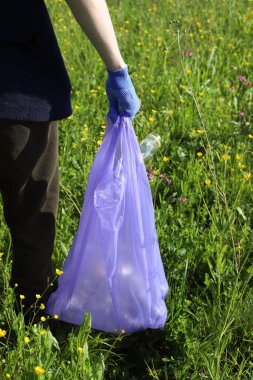 Çöp ve plastik. Doğadaki çimlerde çöp ve plastik şişeleri temizlemek. Mavi iş eldivenli birinin elleri mor bir çöp torbasında plastik şişe topluyor.