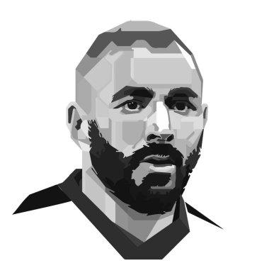 Sanat vektörü Karim Benzema vektör izole edilmiş süper star portresi ünlü logo sembolü kişi stili erkek sakalı Al Ittihad gradyan siyah gülümseme yakışıklı tasarım tasarımı