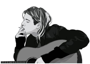 Kurt Cobain gitar çalıyor. Müzisyen. Rock 'çı, genç, saç stili. Sigara içen yakışıklı adam.