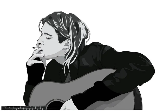 Kurt Cobain Speelt Gitaar Zitten Spelen Muzikant Rock Jong Haar — Stockvector