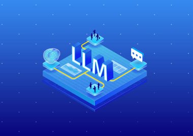 Büyük Dil Modeli LLM konsepti. Üretken yapay zekanın 3d izometrik vektör çizimi.