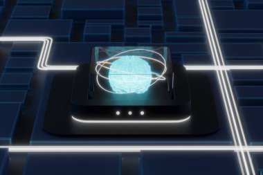 İnternet bağlantısı ve sinirsel ağ eğitimi olan bir bilgisayar çipinde oturan dijital beyin. Yapay Zeka ve kuantum hesaplama kavramı.