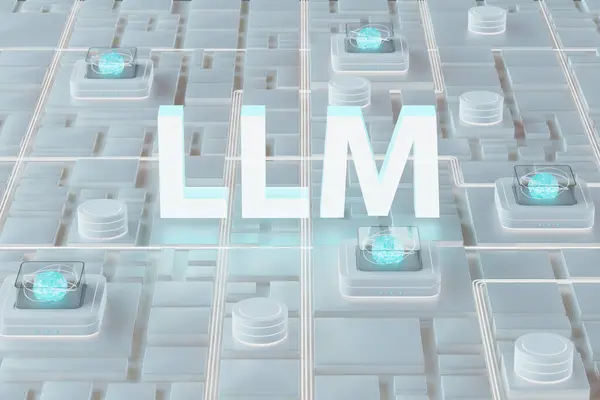 Large Language Model LLM concept. Rendering of a 3d text with neural network infrastructure in a cloud data center
