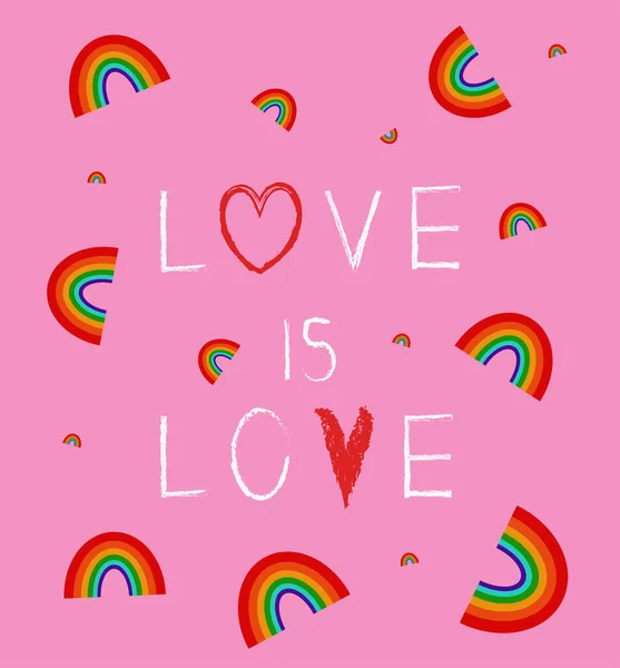 Pembe arka planda küçük gökkuşakları olan vektör kartı. Aşk aşk sloganıdır. LGBT topluluğu. Sevgililer Günü için vektör illüstrasyonu.
