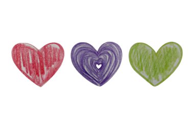 Suluboya seti, beyaz izole arka planda el yapımı kalplerin çizimleri, düz. Romantik geçmiş, sembol, ambalaj, hediyeler, bayram, tebrik kartı, dekorasyon