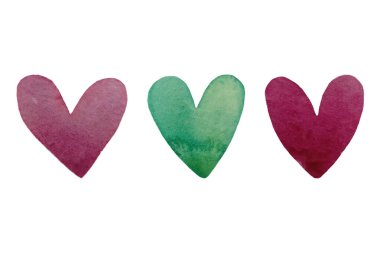 Renkli kalplerin suluboya seti. Soyut suluboya yeşil, mor, turuncu, kırmızı kalp arka planı. Aşk kavramı, sevgililer günü tebrik kartı, tasarım öğeleri.