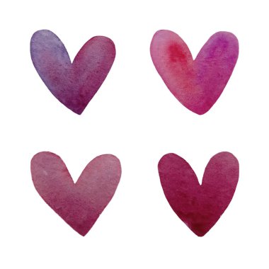 Renkli kalplerin suluboya seti. Soyut suluboya yeşil, mor, turuncu, kırmızı kalp arka planı. Aşk kavramı, sevgililer günü tebrik kartı, tasarım öğeleri.