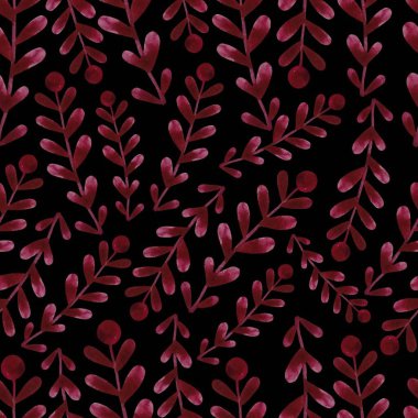 Soyut suluboya botanik yaprak deseni. Kusursuz sonsuz desen. Siyah arkaplanda kırmızı yapraklar... kumaş, duvar kağıdı, kağıt baskısı için tasarım.