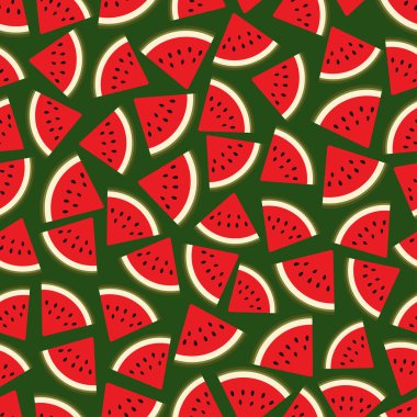 Karpuz vektör deseni. Kırmızı karpuz dilimi, pürüzsüz desen, duvar kağıdı, fon. Vektör yaz sanatı.