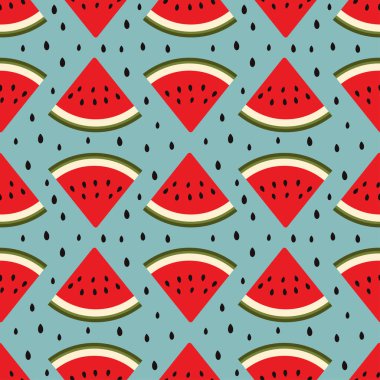 Karpuz vektör deseni. Kırmızı karpuz dilimi, pürüzsüz desen, duvar kağıdı, fon. Vektör yaz sanatı.