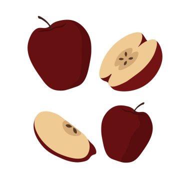 Kırmızı elma çizgi film seti. Kesik elma, dilimler ve tam meyve kesitleri, izole vektör illüstrasyonu.