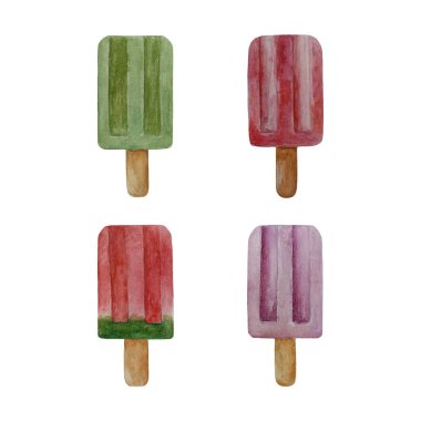 Beyaz arka planda izole edilmiş suluboya buzlu dondurma seti. El çizimi suluboya çizimi.